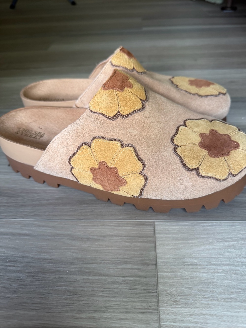 Chelsea Violet Arden Suede Patchwork Floral Clogs - Picture 2 of 5